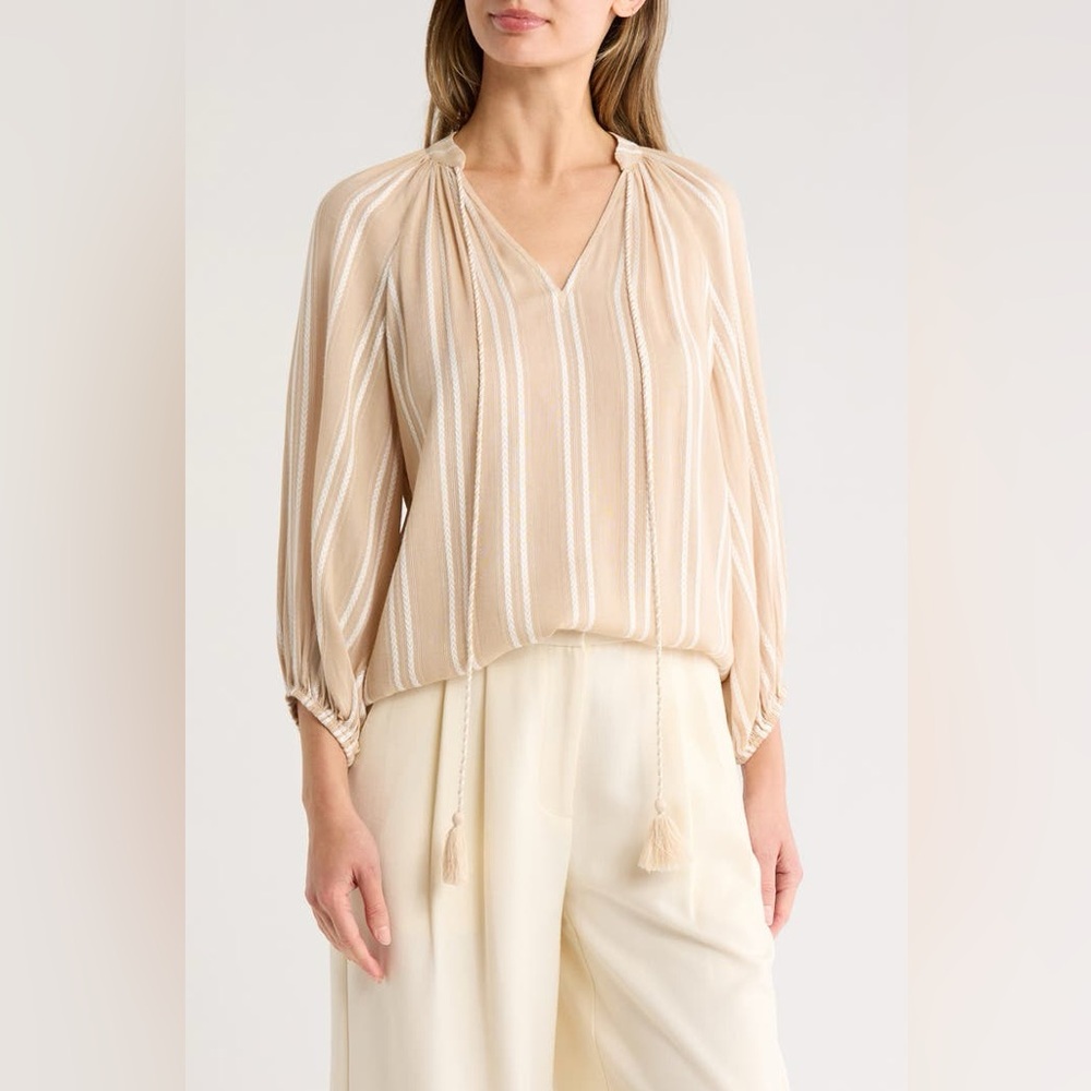 Nordstrom Rack Gemma + Jane Elegant Tan Striped Blouse with Tassel Details